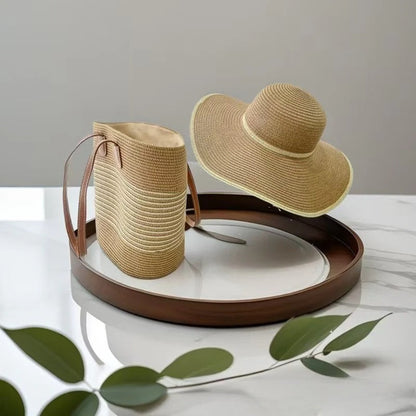 Straw Hat &amp; Tote Set – Beach Vacation Sun Protection Duo, Large Capacity Travel Tote