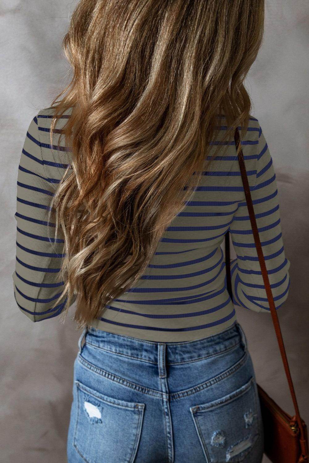Striped V-Neck Long Sleeve Top for Women Casual Wear