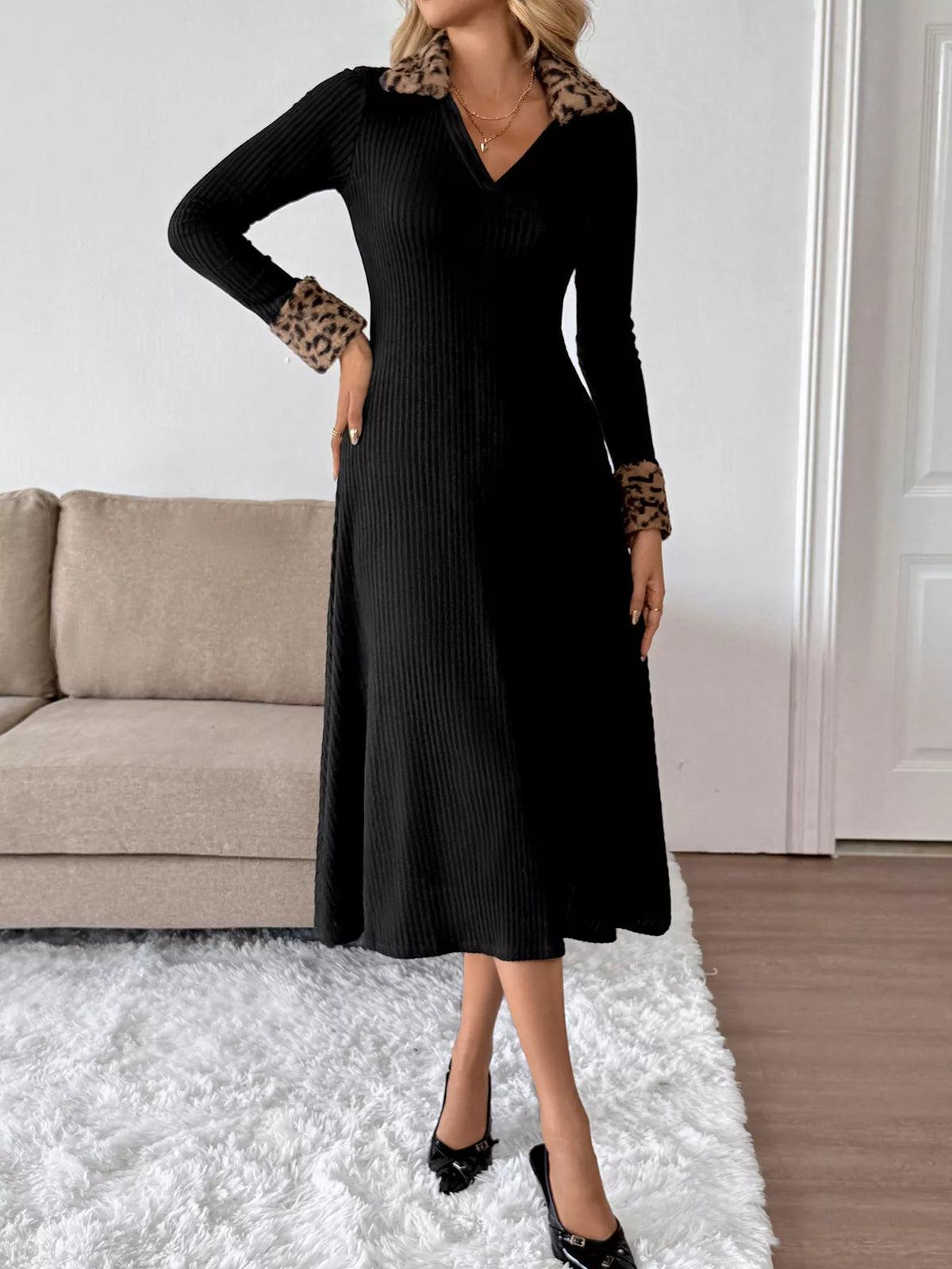 Leopard Cuff Johnny Collar Midi Dress