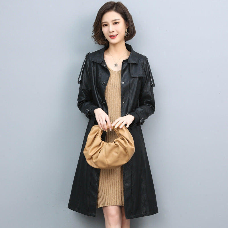 New Women Leather Trench Spring Turn-down Collar Solid Color Drawstring Loose Long Sheepskin Coat