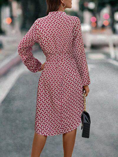 Tied Printed Notched Balloon Sleeve Dress for Women