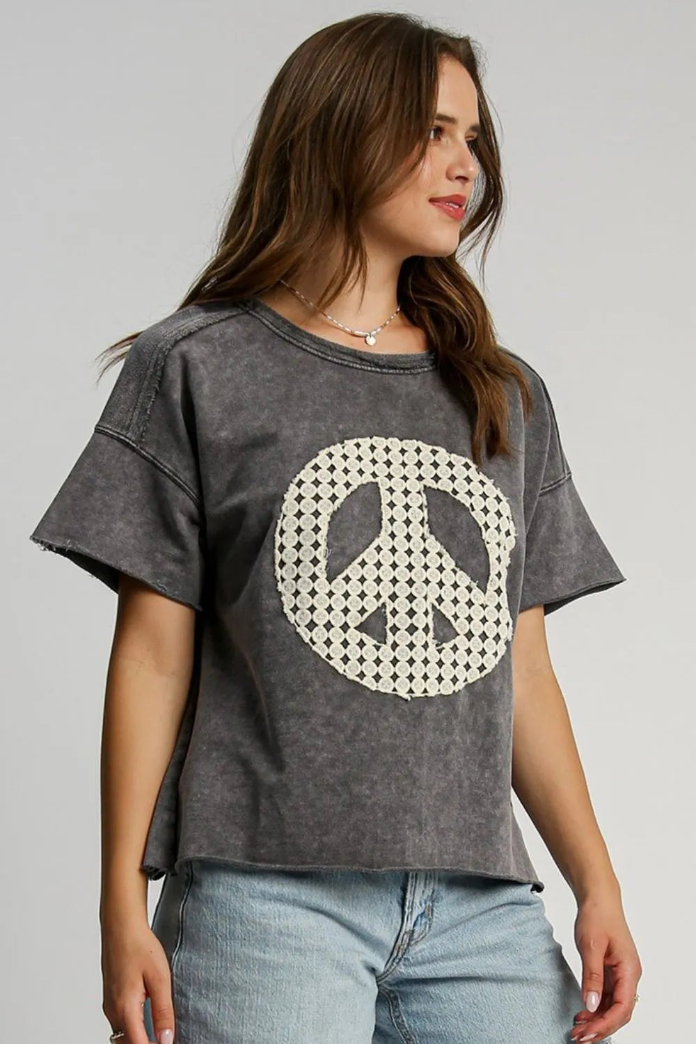 Umgee Full Size Mineral Wash T-Shirt with Lace Applique Plus Size