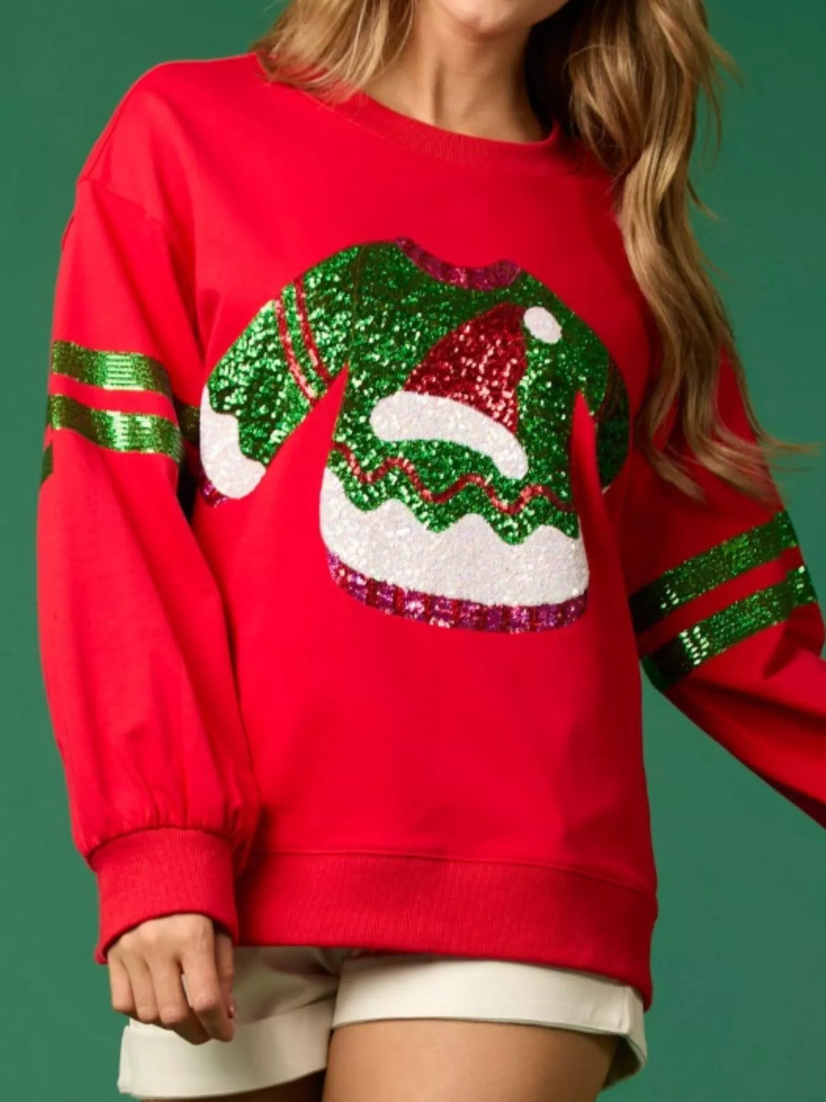 Christmas Sequin Santa Hat Holiday Sweatshirt