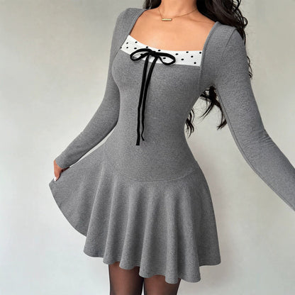 New Arrival Square-neck Long-sleeve Polka-dot Dress That Flatters