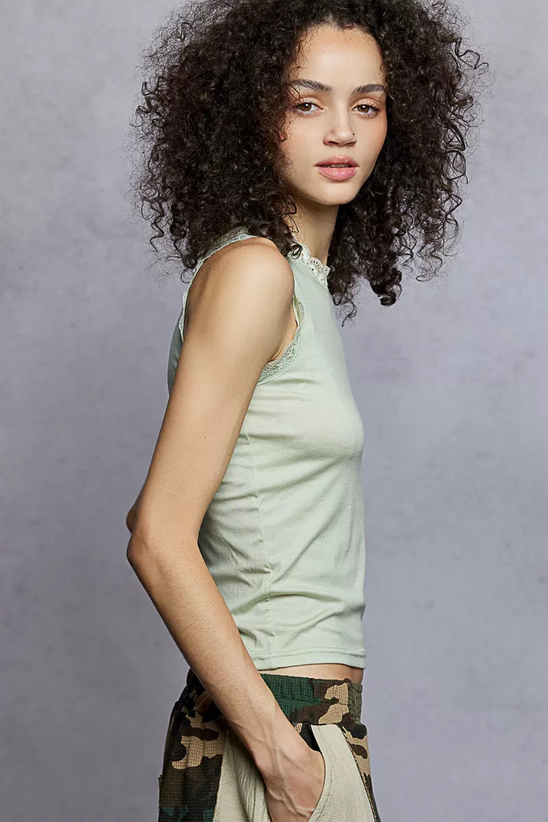 POL Round Neck Cropped Tank with Lace Trim