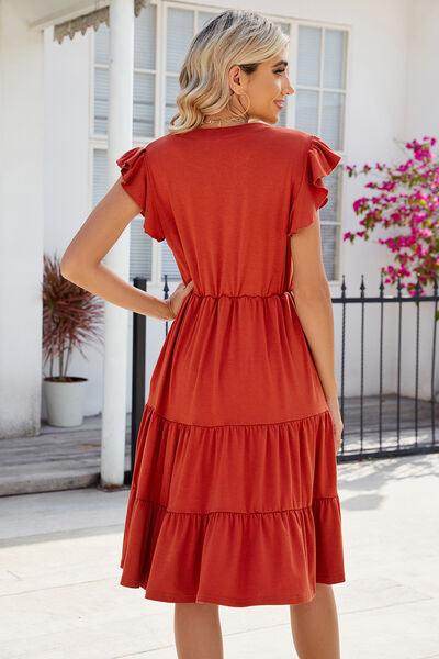 Ruched Notched Cap Sleeve Dress with Pockets and Stretch