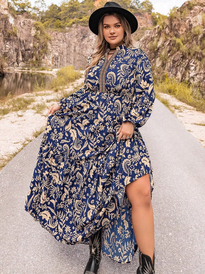 Plus Size Floral Print Long Sleeve Maxi Dress