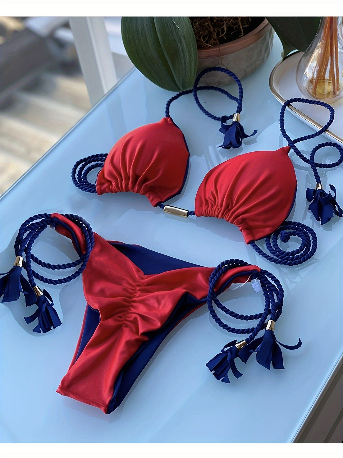 New Festival Flame Halter Bikini Set for Women – Triangle V-Neck Backless Two-Piece Swimsuit with Tie Side Bottoms &amp; Adjustable Lace-Up Fit – Sleek Polyamide Swimwear for Koningsdag/King’s Day &amp; Summer Beach Celebrations