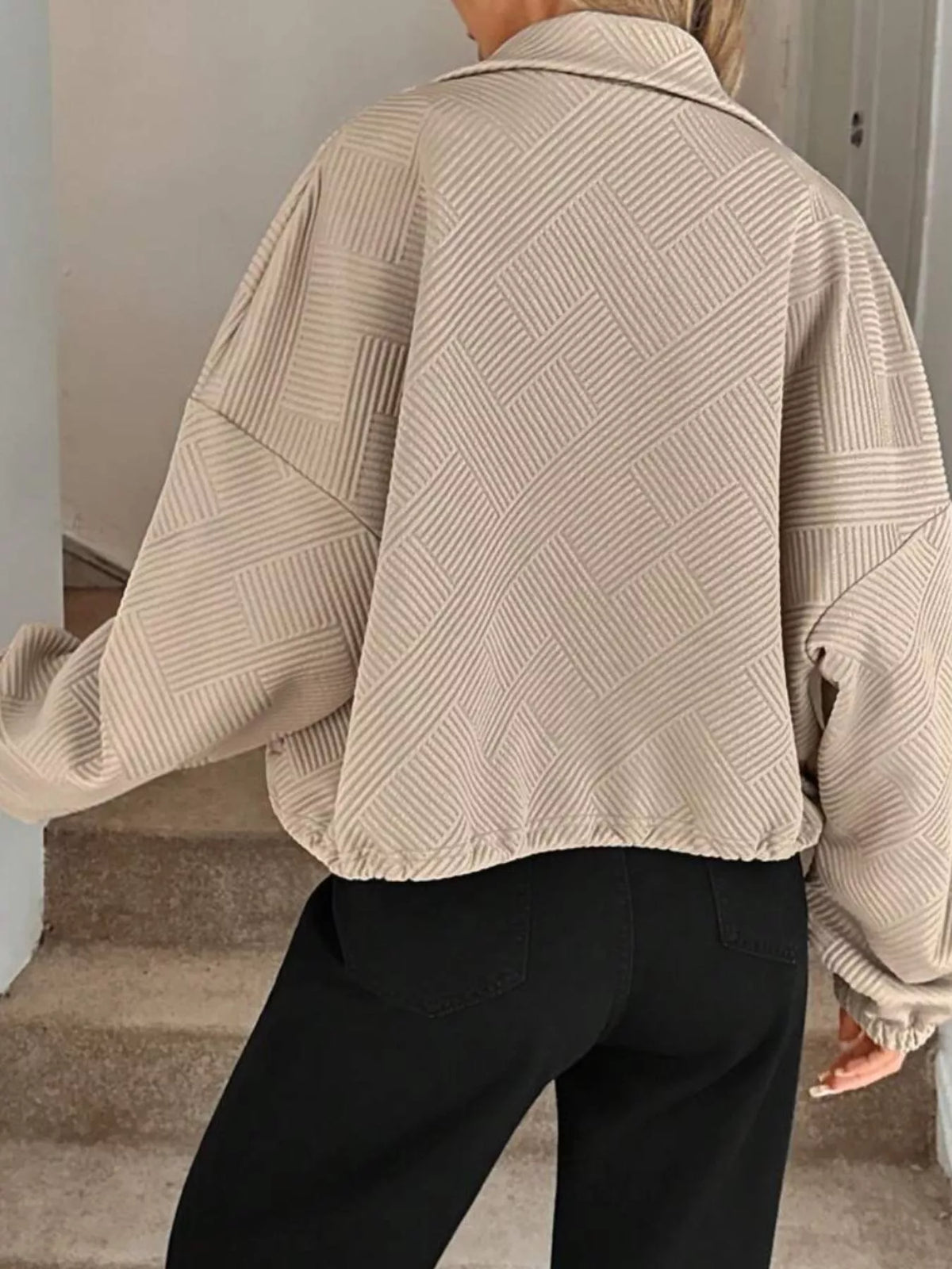 Textured Zip-Up Drawstring Hem Jacket