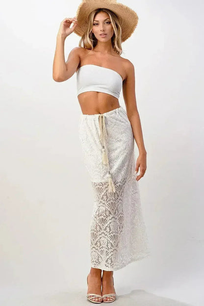 Sheer Lace Maxi Skirt - Drawstring Waist &amp; Bow | Femstylo