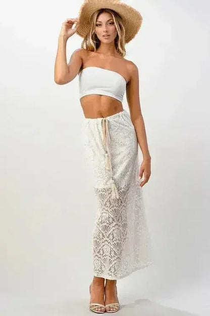 Sheer Lace Maxi Skirt - Drawstring Waist &amp; Bow | Femstylo