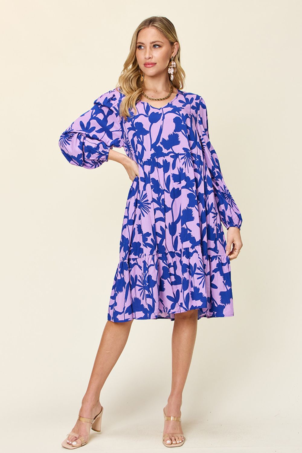 Double Take Full Size Printed Ruffle Hem Dress with Pocket Stylish &amp; Functional Women Dress