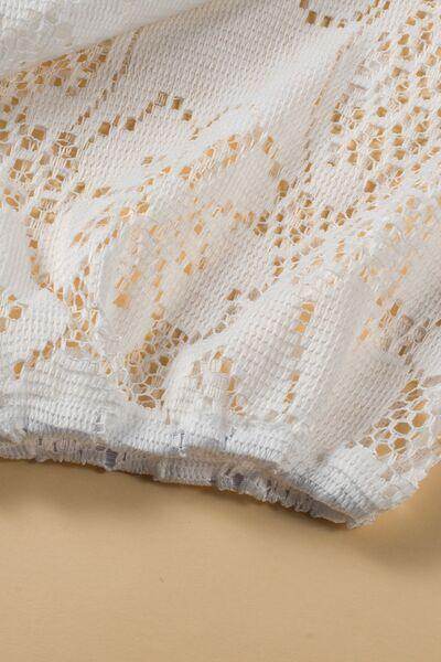 Lace Crochet Hollowed Scallop Hem V Neck Blouse for Women