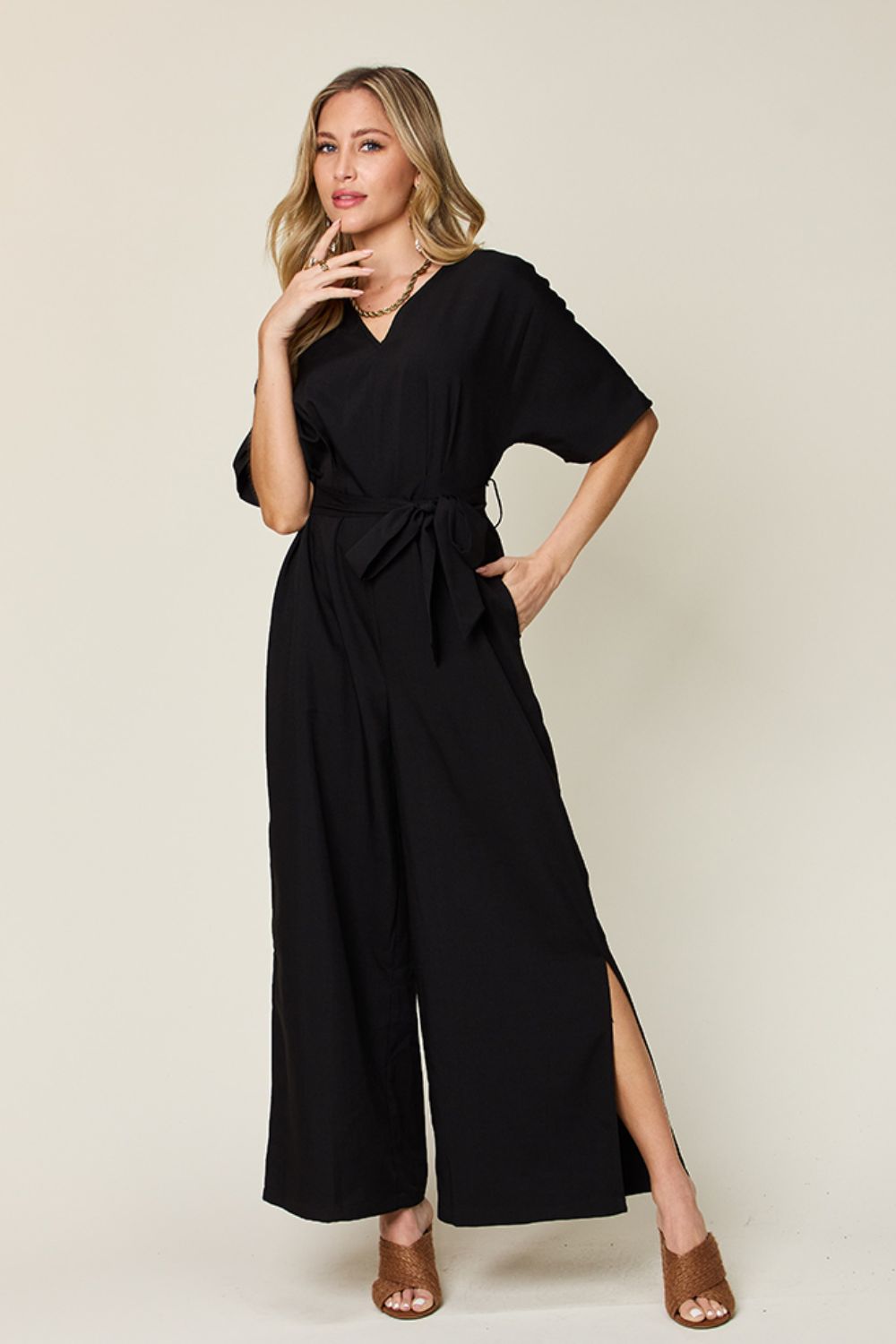 Slit Tie-Front V-Neck Jumpsuit with Short Sleeves