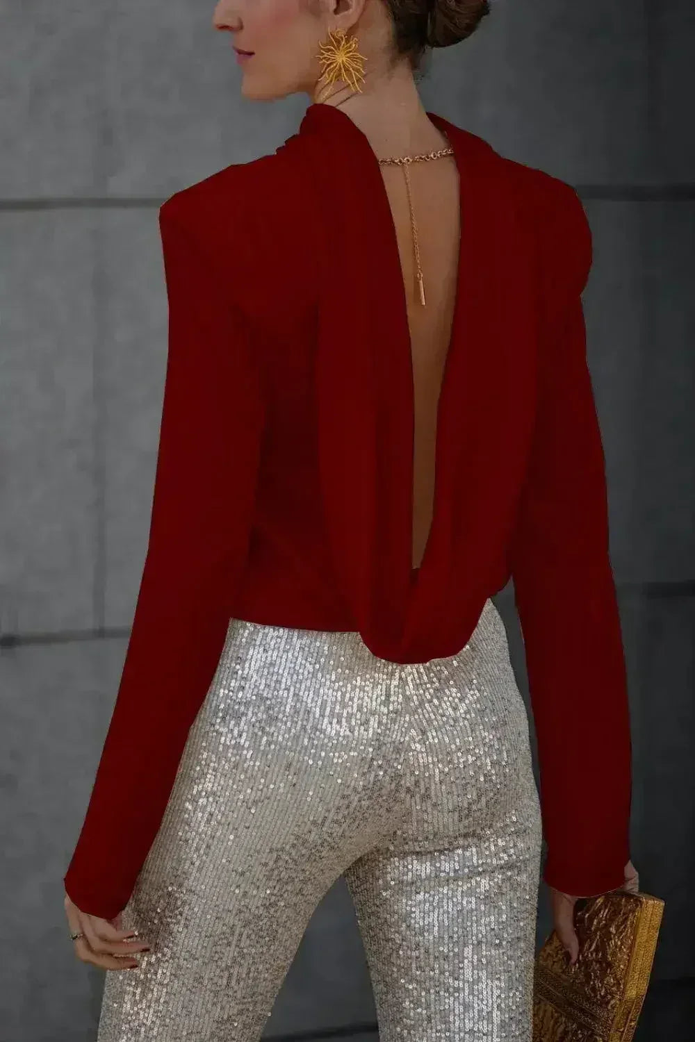 Backless Cowl Neck Long Sleeve Blouse – Elegant &amp; Stylish | Femstylo