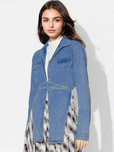 Asymmetric Slit Collared Neck Long Denim Top for Women