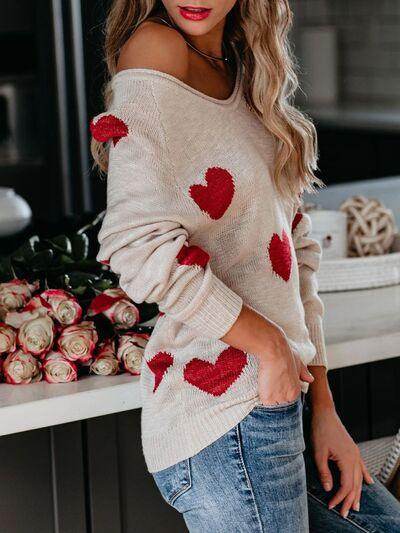 Heart Scoop Neck Long Sleeve Sweater for Women Cozy Style