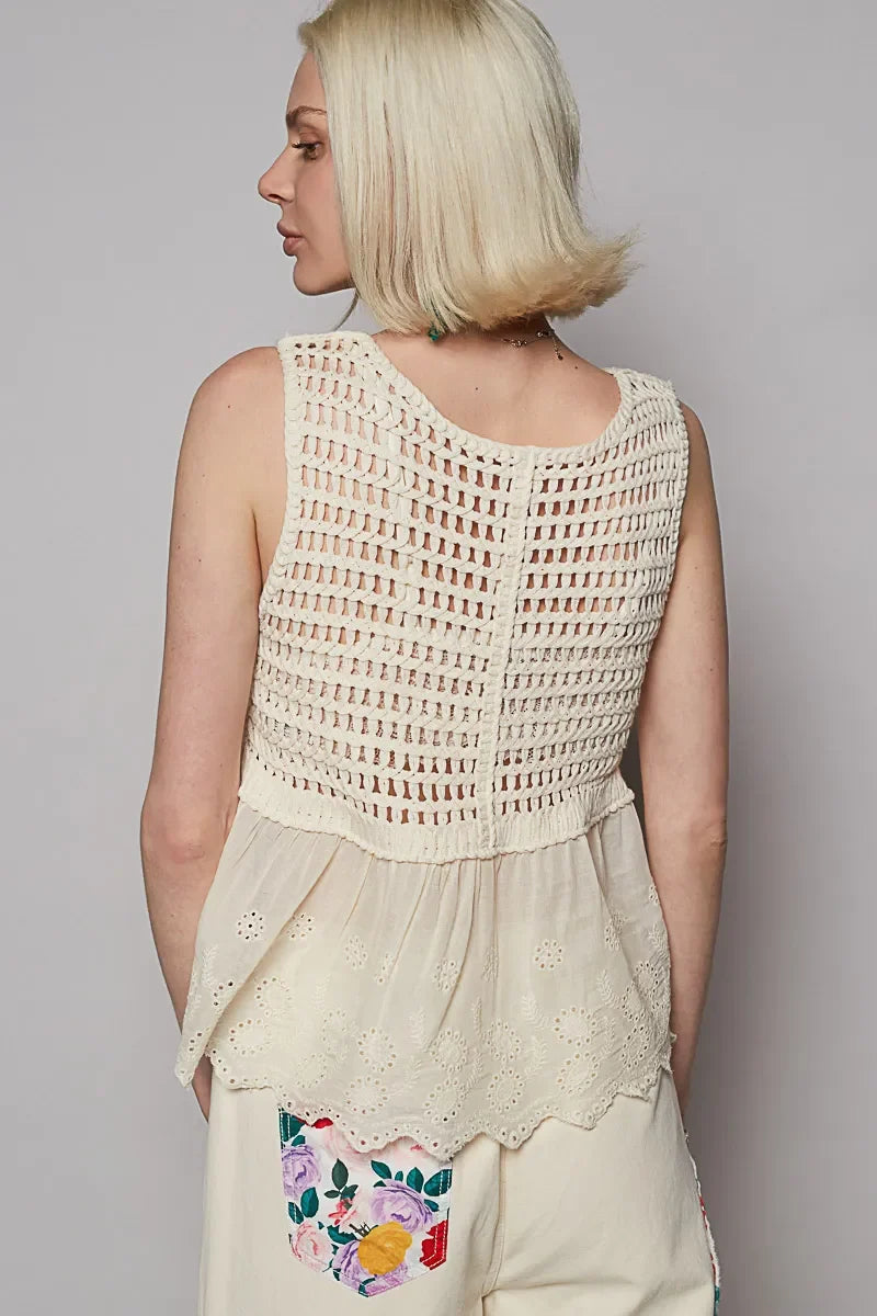 POL Embroidered Detail V-Neck Eyelet Peplum Tank