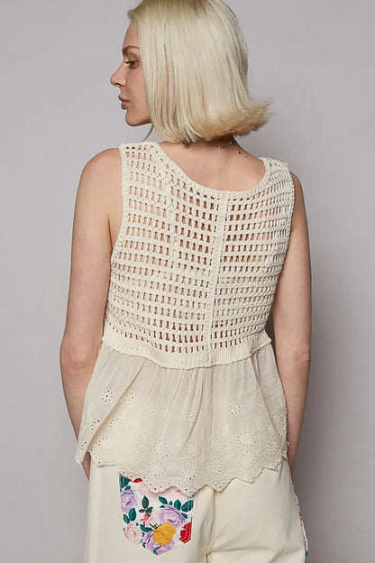 POL Embroidered Detail V-Neck Eyelet Peplum Tank