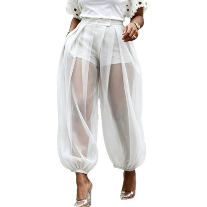 2026 European And American Cross-Border Summer New Style Semi-Transparent Mesh Solid Color Patchwork Loose Semi-Transparent Lantern Pants