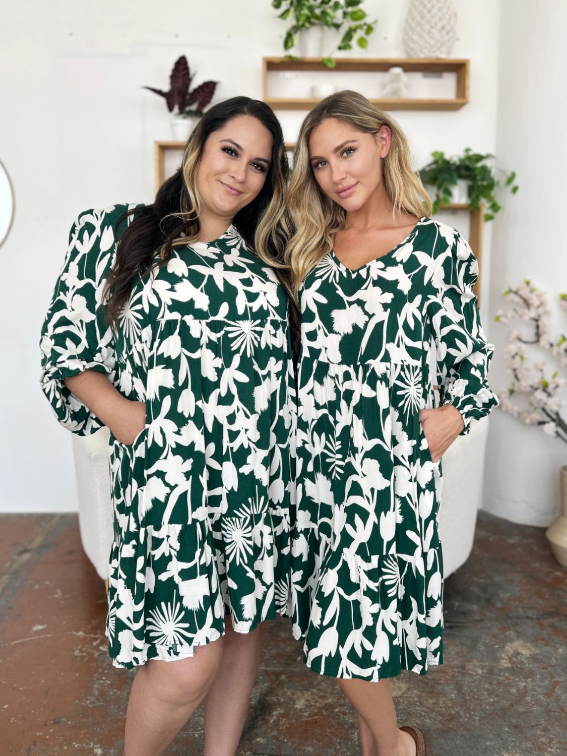 Double Take Full Size Printed Ruffle Hem Dress with Pocket Stylish &amp; Functional Women Dress