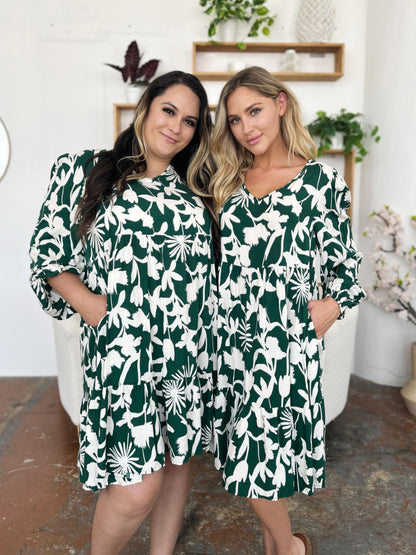 Double Take Full Size Printed Ruffle Hem Dress with Pocket Stylish &amp; Functional Women Dress