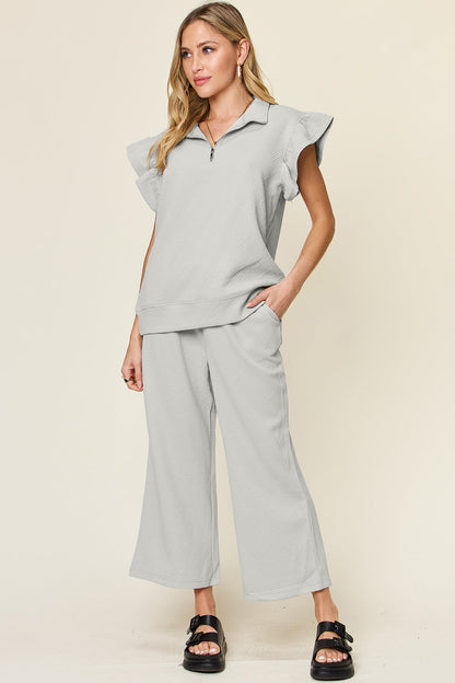 Textured Ruffle Top &amp; Drawstring Wide Leg Pants Set
