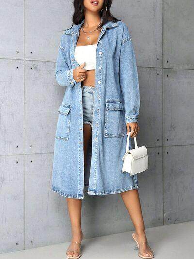 Pocketed Button Up Collared Neck Denim Top for Women