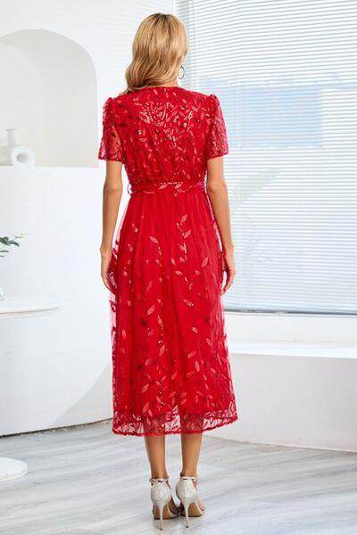 Sequin Leaf Embroidery Tie Front Short Sleeve Dress for Women