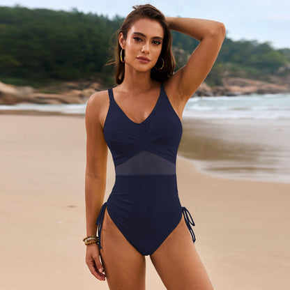 Drawstring Ruched V-Neck One-Piece Swimwear
