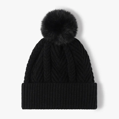 Cable Knit Solid Color Hat with Pompom