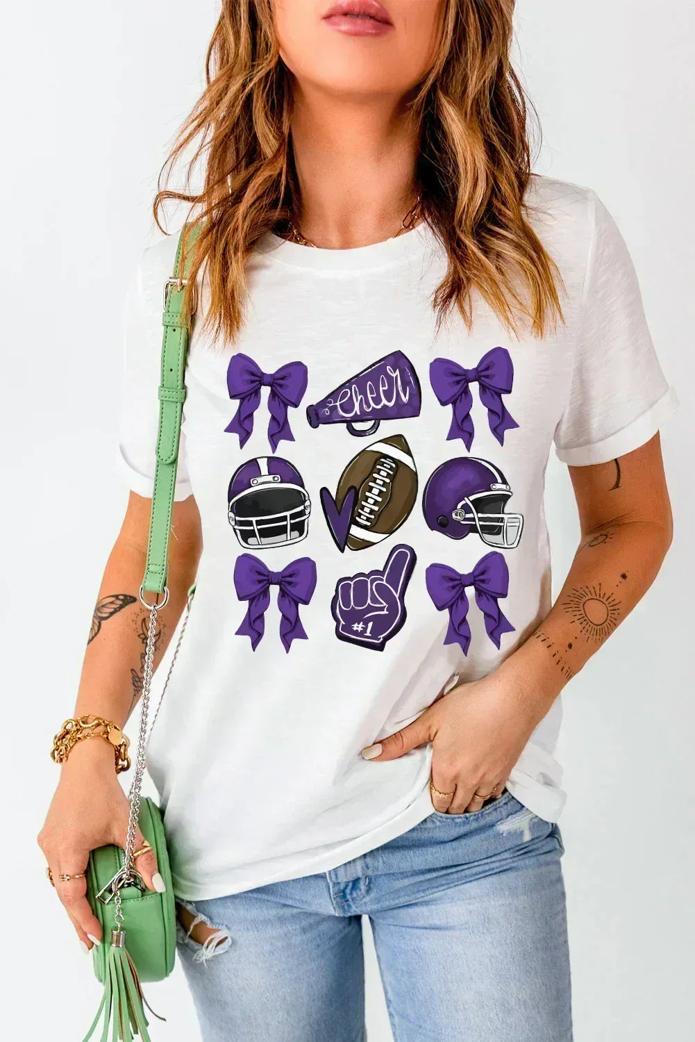Game Day Rugby Tee: White Cheer Helmet &amp; Bow Graphic T-Shirt