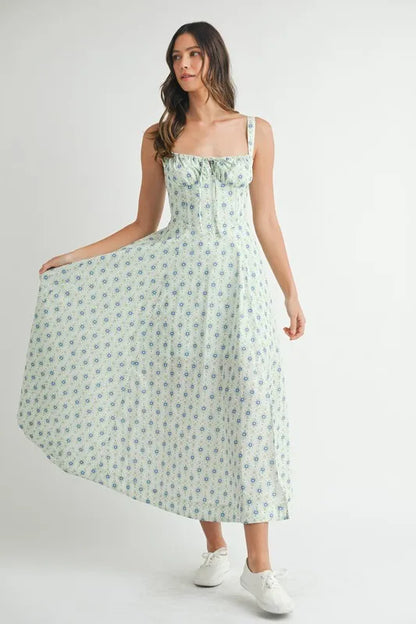 MABLE Floral Print Bustier Back Lace Up Midi Dress
