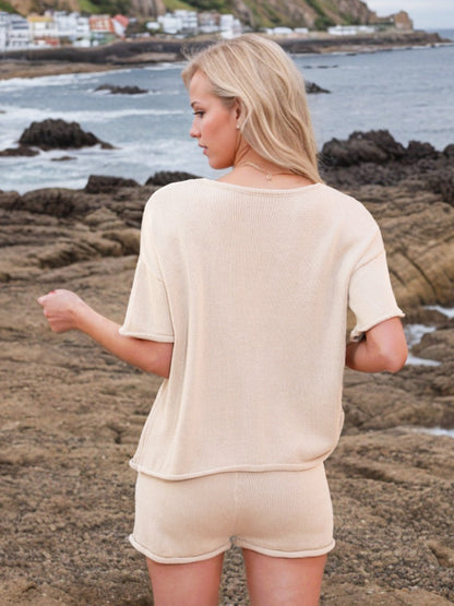 Round Neck Short Sleeve Top and Shorts Sweater Set