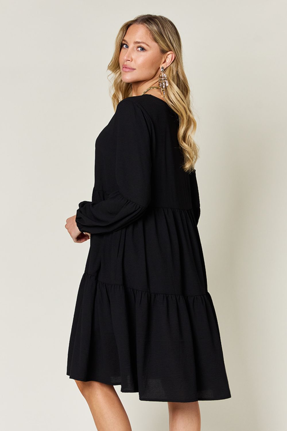 V-Neck Balloon Sleeve Tiered Boho Midi Dress