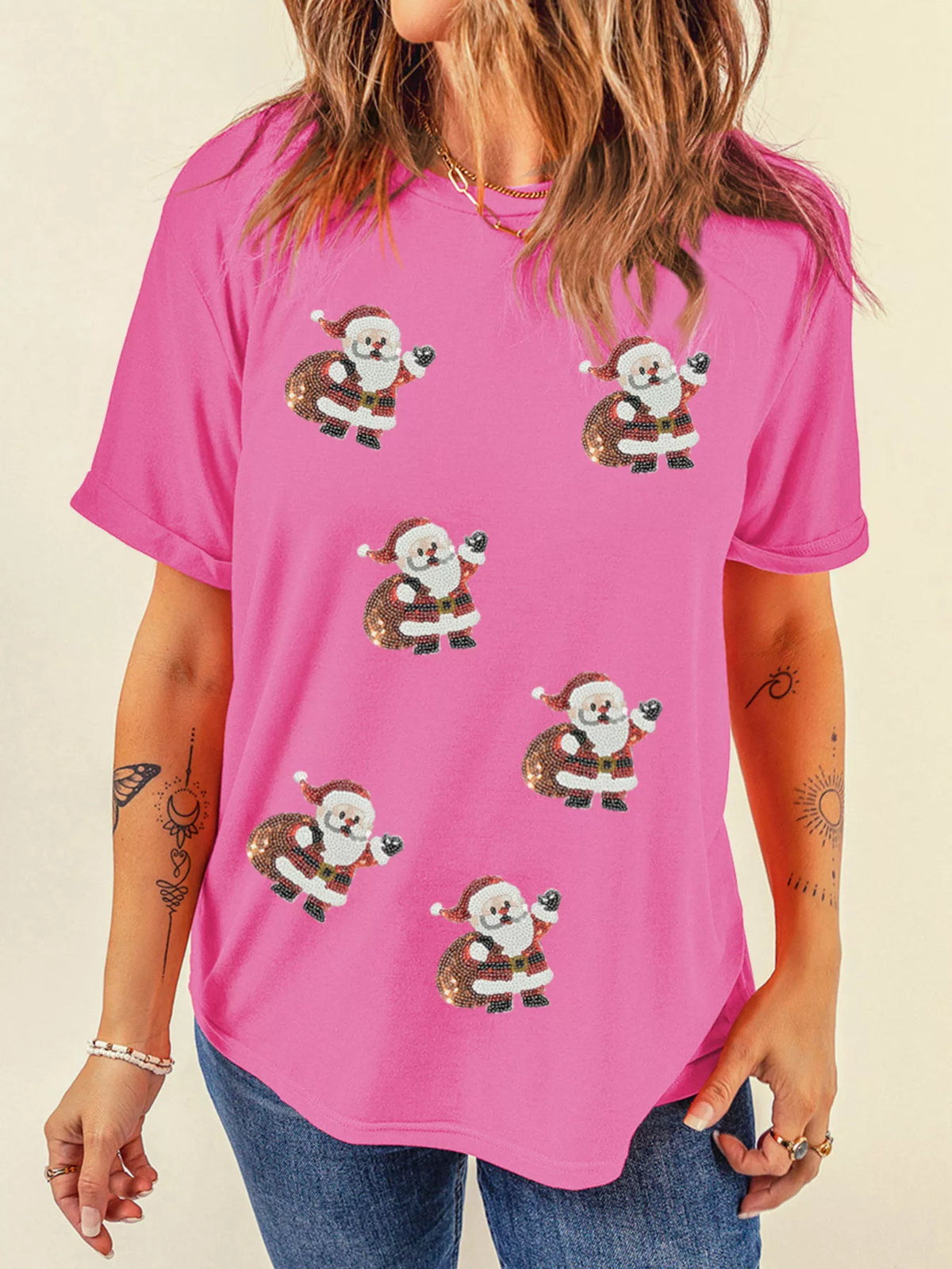 Santa Claus Deliver Gifts Sequin Short Sleeve Tee