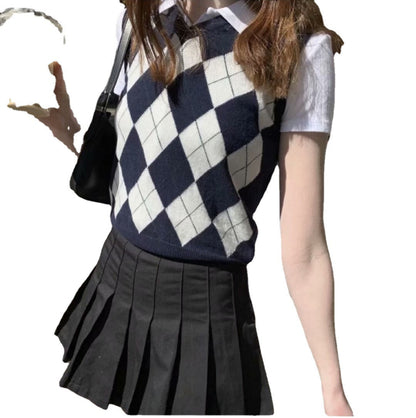Retro Preppy Style Versatile Diamond-Check BM Knitted Vest