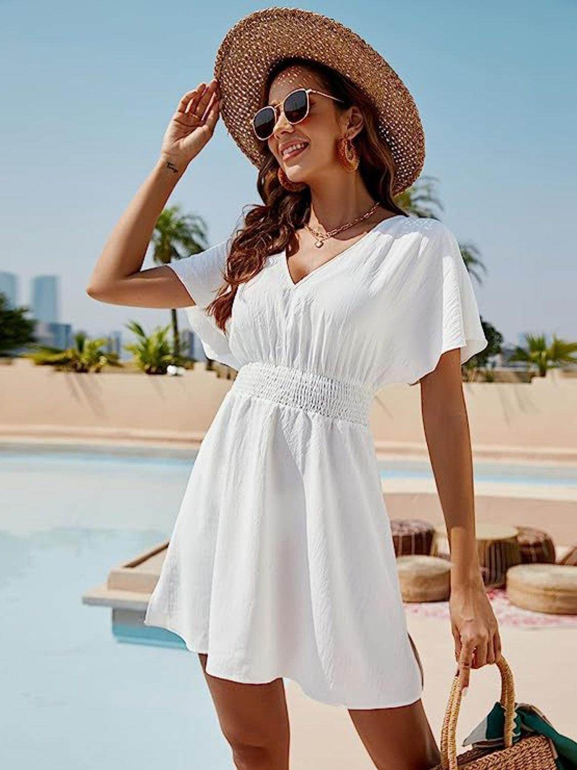 Smocked V-Neck Short Sleeve Dress for Effortless Style