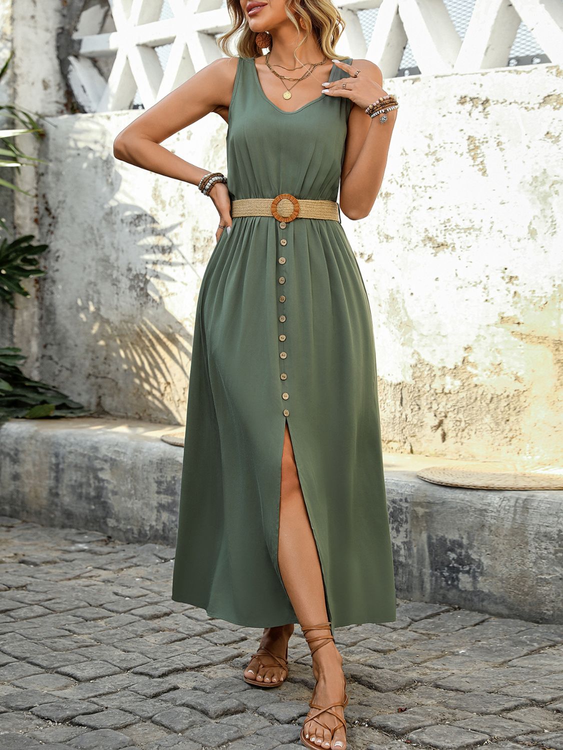 Decorative Button Sleeveless Midi Dress Elegant &amp; Timeless Long Comfortable Dress