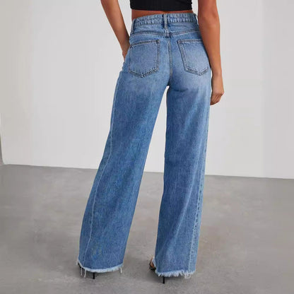 Europe And The United States Cross-border New Amazon Loose Wide Leg Side Stitching Framed Hem Jeans Women&