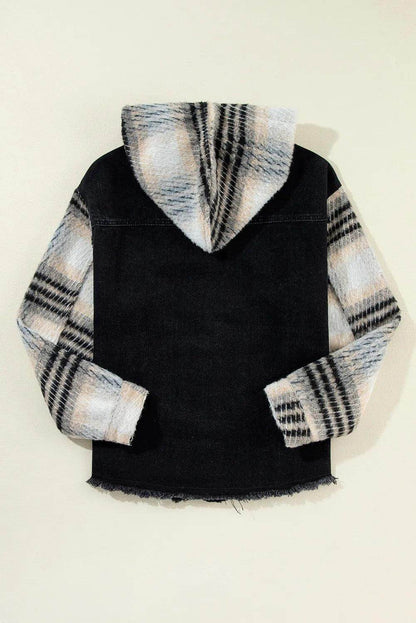 Drawstring Raw Hem Button Up Hooded Denim Jacket for Women