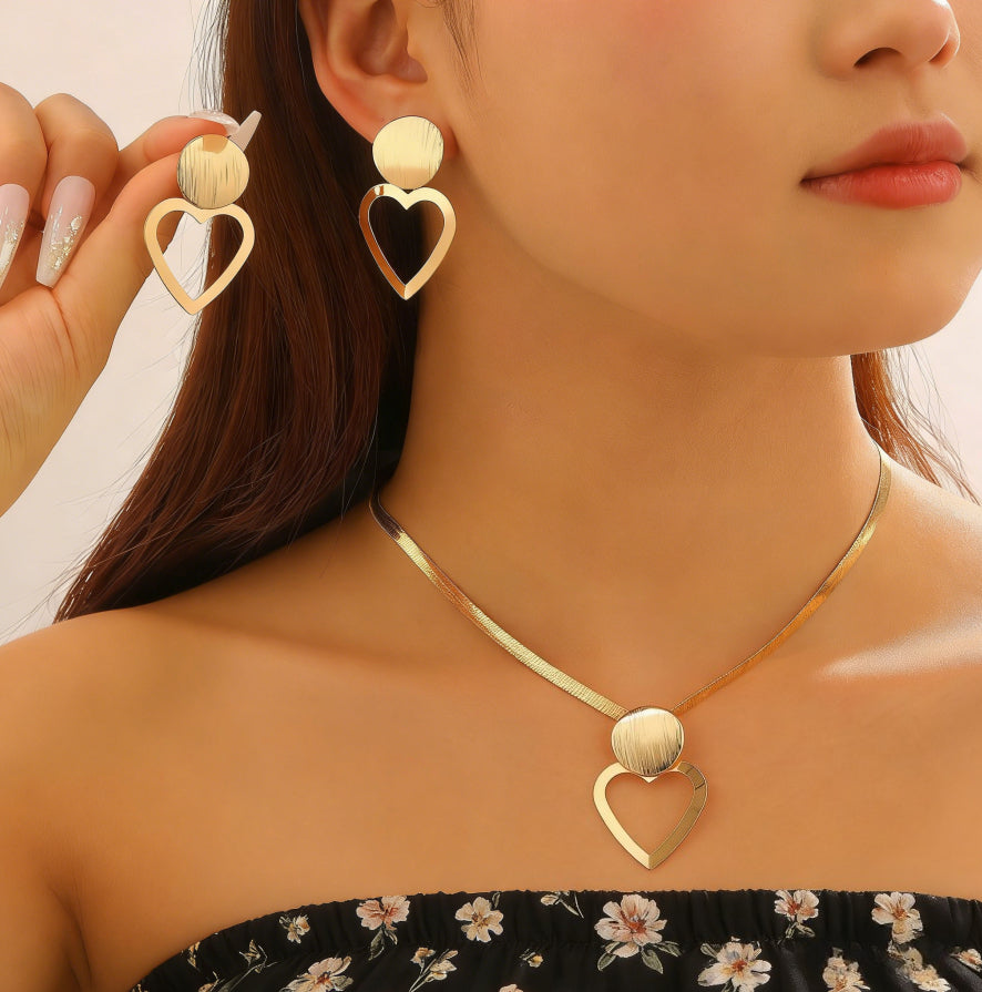 Creative Circle Heart Geometric Pendant Necklace &amp; Earrings Elegant Jewelry Set
