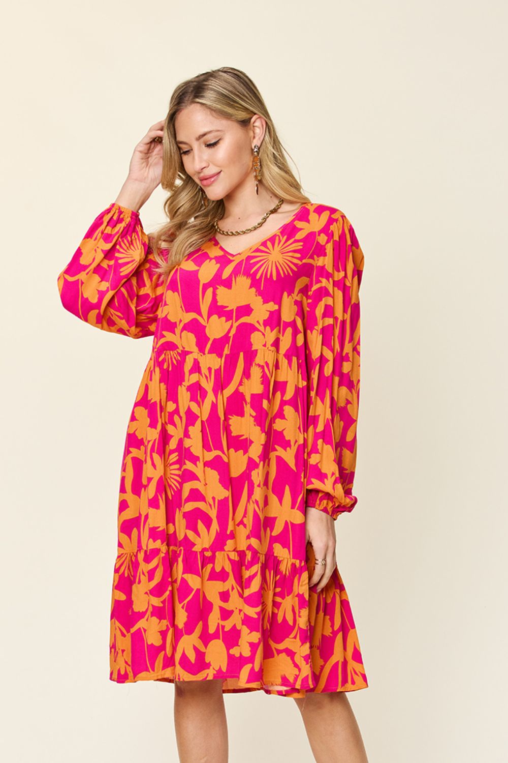 Double Take Full Size Printed Ruffle Hem Dress with Pocket Stylish &amp; Functional Women Dress