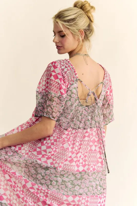Davi &amp; Dani Multi Floral Square Neck Puff Sleeve Maxi Dress