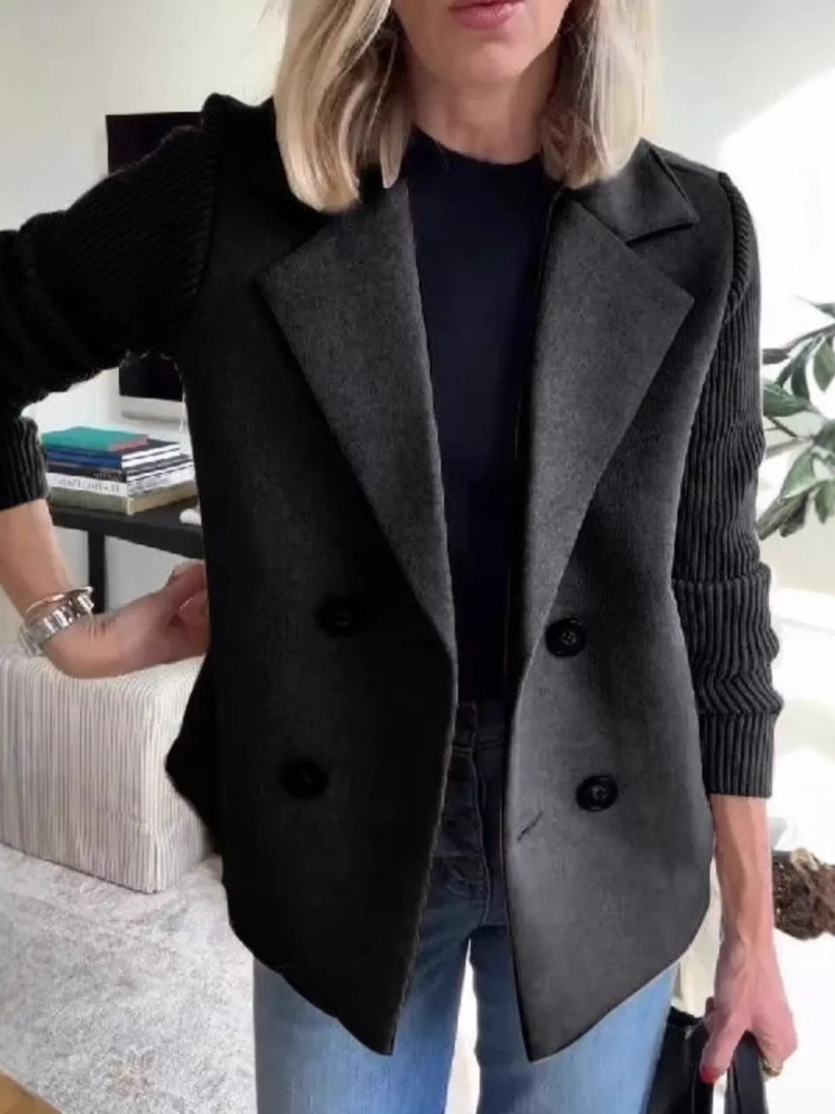 Full Size Knit Sleeve Double-Breasted Outerwear Plus Size