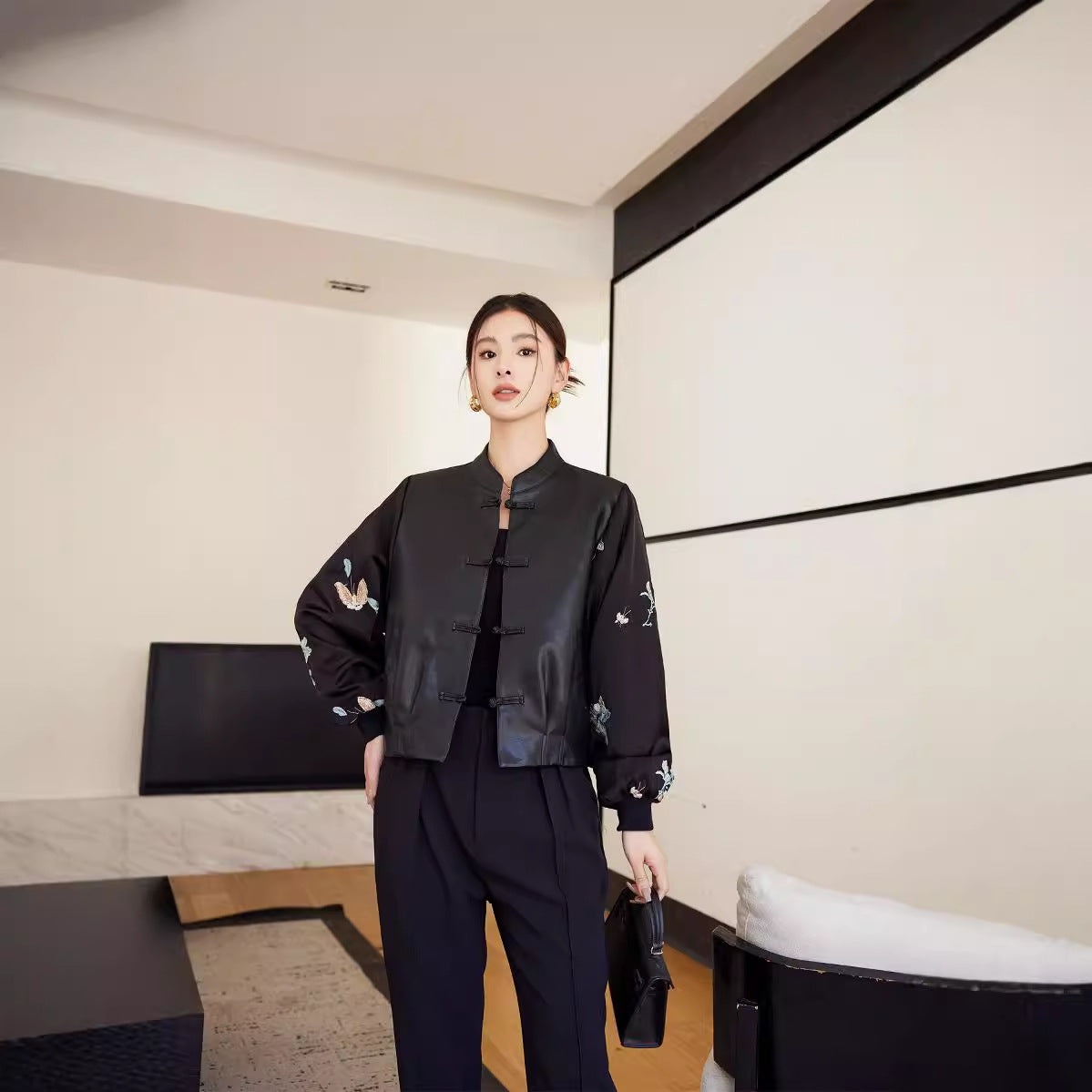 New Chinese Style Stitching Leather Coat Women&