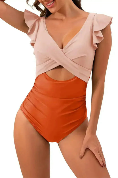 Black Color Block Cut Out Criss Cross One Piece Swimsuit