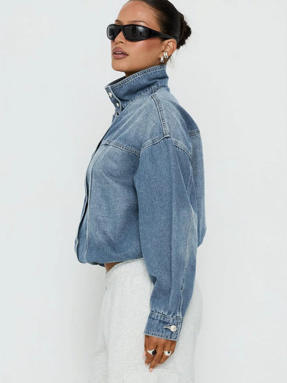 Loose Washed Denim Cross-BorderRetro Stand-Collar Jacket