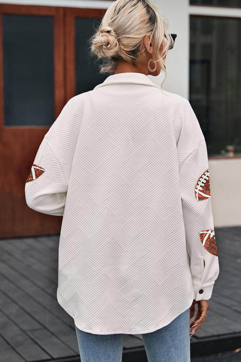 Sequin Football Patch Collared Neck Snap Button Jacket for Women