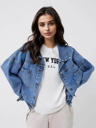 Pocketed Button Up Long Sleeve Denim Top for Women